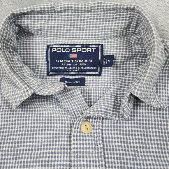 Polo Sport Ralph Lauren Shirt Mens Medium Gray Blue Gingham Cotton Short Sleeve - Picture 6 of 12